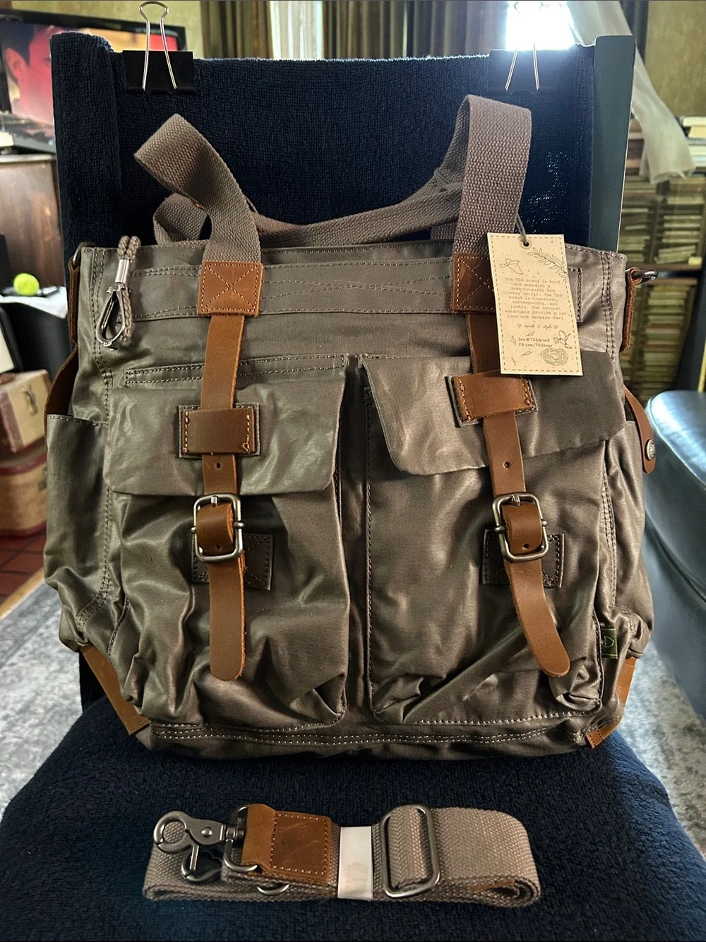 TSD Brand Urban Coated 100% Cotton Canvas Tote Bag w Genuine Leather Trim NWT